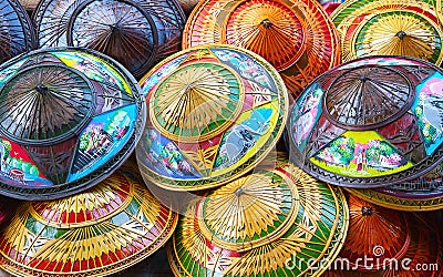 Colorful rice straw hats Stock Photo