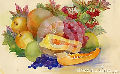 Colorful ripe fruits and vegetable watercolor illustration. Vector Illustration