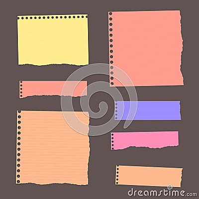 Colorful ripped lined blank note paper are stuck on dark wall Vector Illustration