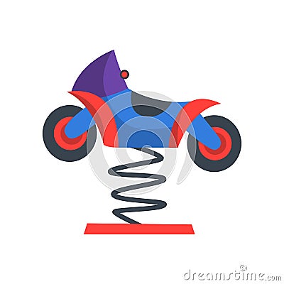 Colorful rocking motorcycle on spring. Funfair attraction for children. Playground equipment. Amusement park. Flat Vector Illustration