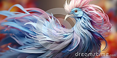 A colorful rooster with a blue and pink feather, AI Stock Photo