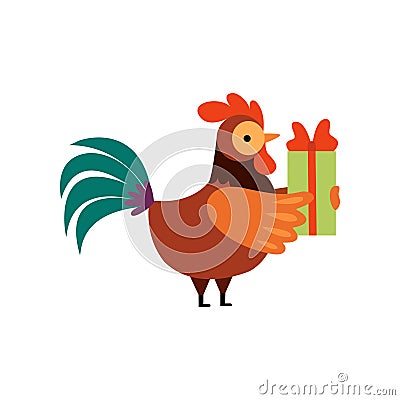 Colorful Rooster with Gift Box, Farm Cock Cartoon Character Vector Illustration Vector Illustration