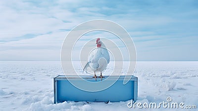 Dreamlike Portraiture: A Chicken On A Blue Box In The Snow Stock Photo