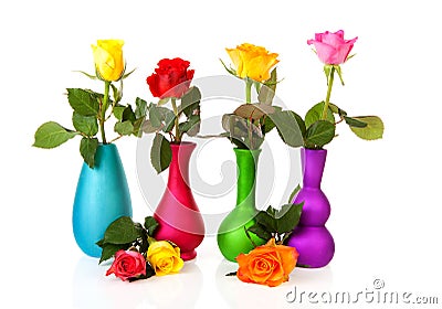 Colorful roses in vases Stock Photo