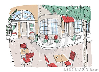 Colorful rough drawing of outdoor cafe, restaurant or coffeehouse with tables and chairs standing on city street beside beautiful Cartoon Illustration