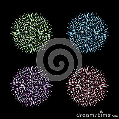 Colorful round backgrounds set, firework shape, circle made of long drops Vector Illustration