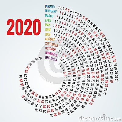 Colorful round calendar 2020 design, Print Template, Your Logo and Text. Portrait Orientation. 2020 Calendar of 12 Vector Illustration