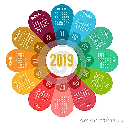 Colorful round calendar 2019 design, Print Template, Your Logo and Text. Week Starts Sunday. Portrait Orientation. 2019 Vector Illustration