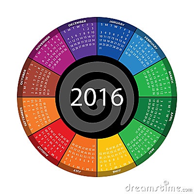 Colorful round calendar for 2016 year. Vector Illustration