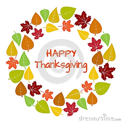 Colorful round frame and background of autumn leaves for Happy Thanksgiving. Vector Cartoon Illustration