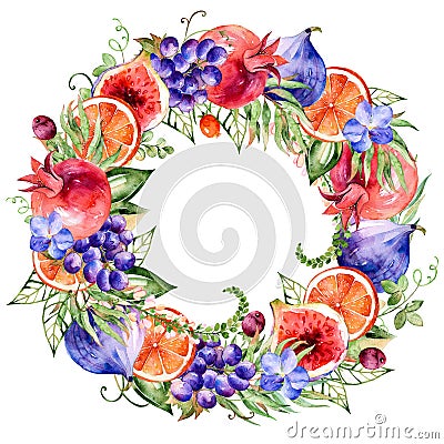 Colorful round frame of watercolor flowers,pomegranate,grapes,orange,figs,orchid. Cartoon Illustration