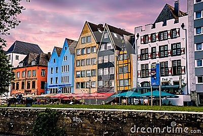 Colorful row of homes in beautiful Cologne Kohn. Germany Editorial Stock Photo