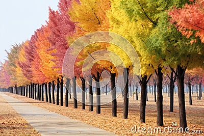 Colorful Row Of Trees In A Park Beautiful Park Scenes, Diversity Of Tree Types, Colorful Seasonal Pa Stock Photo