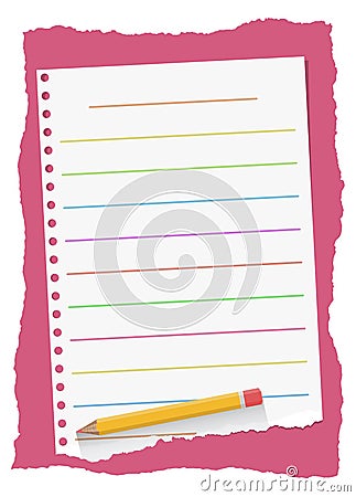 Colorful ruled, ripped white notebook paper sheet are on red background with yellow wooden pencil Vector Illustration