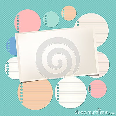 Colorful ruled round note, notebook, copybook sheet, rectangle paper with frame on squared pattern Vector Illustration