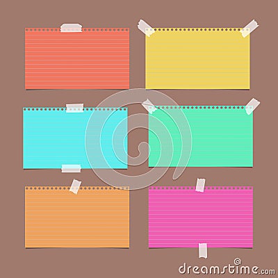 Colorful ruled, striped note, copybook, notebook paper sheet on brown background. Vector Illustration