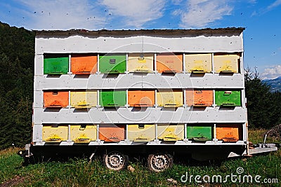Colorful rural hive set for bee colony Stock Photo