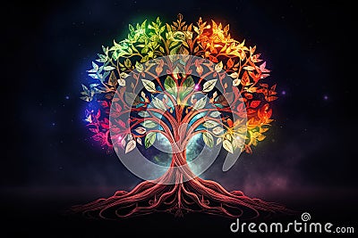 Colorful sacred spiritual Tree of Life fantasy background. Cycle of life mythological magic symbol Stock Photo