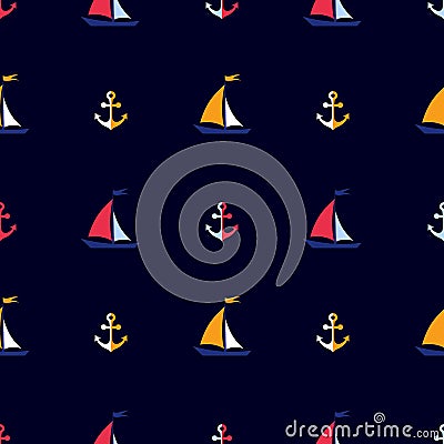 Colorful sailboats and anchor on a dark, blue background. Vector Illustration