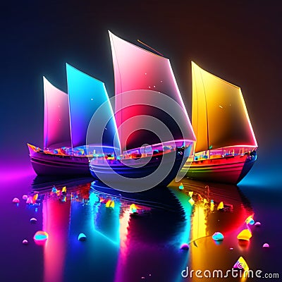 Colorful sailboats with reflection on water. 3d vector illustration Generative AI Cartoon Illustration