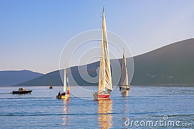 Colorful sailboats on water on sunny day. Montenegro Stock Photo