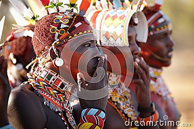 Colorful Samburu warriors in Archers Post, Kenya. Editorial Stock Photo