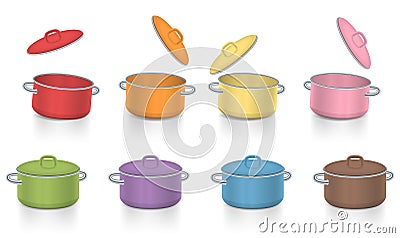 Colorful Saucepots Open Pot Lids Covered Colored Collection Cartoon Illustration