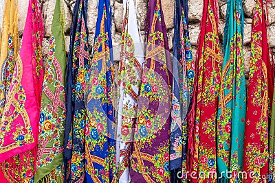 Colorful scarves in street bazaars around anatolian cities Stock Photo