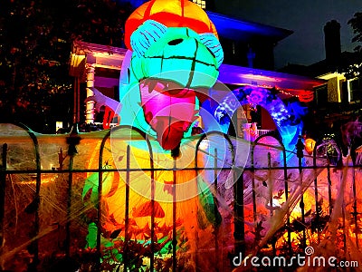 Colorful Scary Halloween House in October at Night in October Stock Photo