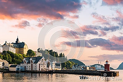Colorful sunset in Alesund port town Editorial Stock Photo