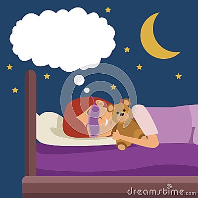 Colorful scene girl with sleep mask dreaming in bed at night embraced a teddy bear Vector Illustration