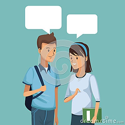 Colorful scene half body couple students talking with dialog boxes Vector Illustration