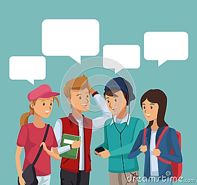 Colorful scene half body group students talking with dialog boxes Vector Illustration