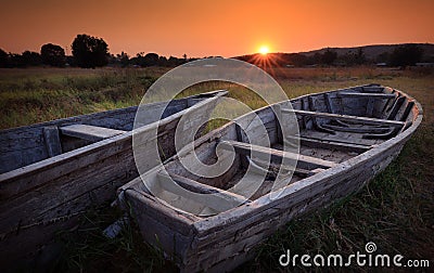 Colorful scenic sunrise with fishing boats, Lake Tanganyika Stock Photo