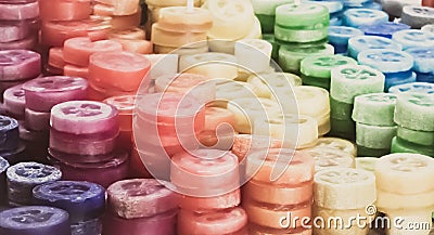 Colorful scented soaps from fruit ingredients. Stock Photo