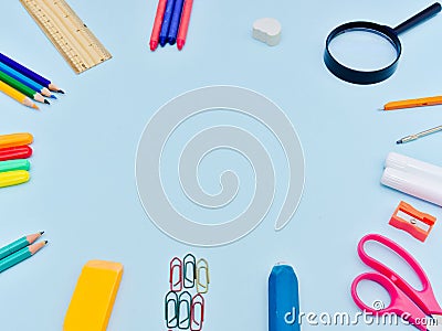 Colorful school suplies in circle arrangement Stock Photo