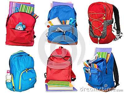 Colorful school supplies in backpack, collage on Stock Photo