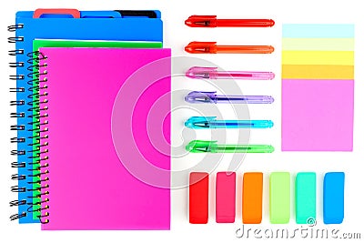 Colorful school supplies on a white background. Above view. Stock Photo