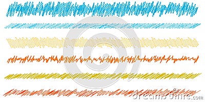 Colorful scribble, sketch, sketchy doodle horizontal line dividers. Wavy, waving, wave and billowy, undulating zigzag, crisscross Vector Illustration