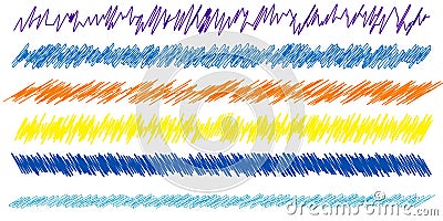 Colorful scribble, sketch, sketchy doodle horizontal line dividers. Wavy, waving, wave and billowy, undulating zigzag, crisscross Vector Illustration