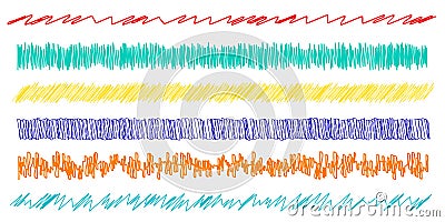 Colorful scribble, sketch, sketchy doodle horizontal line dividers. Wavy, waving, wave and billowy, undulating zigzag, crisscross Vector Illustration