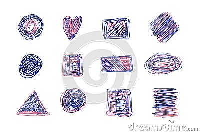 Colorful Scribble texture set. Pencil drawing with shapes of circle, star, heart. Chaotic sketch elements Vector Illustration