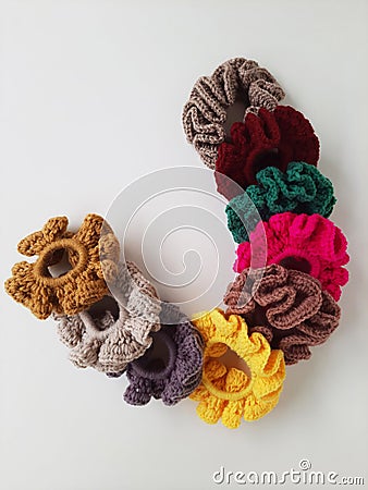 Colorful scrunchies on a plain white background Stock Photo