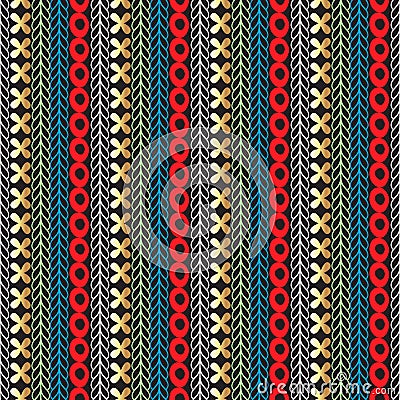 Colorful seamless borders pattern. Vector ornamental tribal striped background. Ethnic style ornament with braided lines, shapes, Vector Illustration