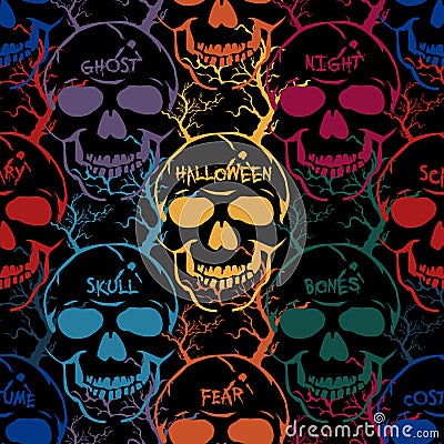 Colorful seamless halloween pattern.Vector abstract background with skulls,words and trees Vector Illustration