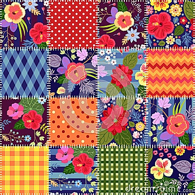 Colorful seamless patchwork pattern with bright tropical flowers and geometric ornaments. Quilt design from stitched squares Vector Illustration