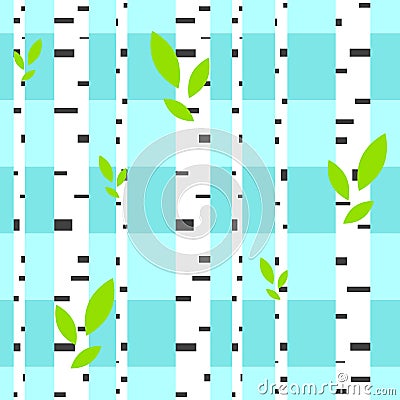Colorful seamless pattern of abstract white birches with leaves on blue striped background. Simple flat vector illustration. For Vector Illustration