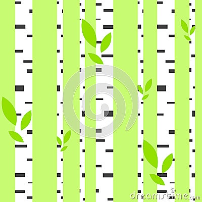 Colorful seamless pattern of abstract white birches with stripes on a green background. Simple flat vector illustration. For the Vector Illustration