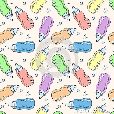 Colorful Seamless Pattern Of Baby Bottles Vector Illustration