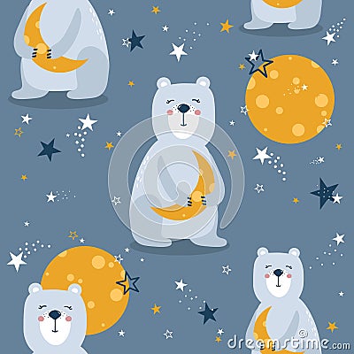 Colorful seamless pattern with bears, moon, stars. Decorative cute background with animals, night sky Vector Illustration